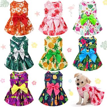 Imagem de LEIFIDE 8 peças vestidos de verão com tema havaiano para cães de férias, vestido de cachorro, flamingo, fruta, estampa floral, saias para animais de estimação, vestidos de princesa, vestidos com laço para filhotes de cachorro para meninas, cães, gatos, praia (pequeno)
