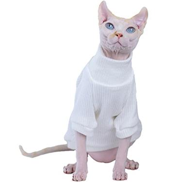 Imagem de Sphynx Roupas para gatos sem pelos de cor lisa, gola rolê, algodão, macio, verão, respirável, roupas para animais de estimação, pulôver, camisetas de gatinho com mangas (branco, GG (4 a 5 kg))