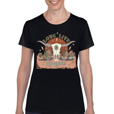 Imagem de Camiseta feminina Long Live Cowgirl Vintage Country Girl Western Rodeo Ranch Blessed and Lucky American Southwest, Preto, M