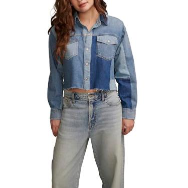 Imagem de Lucky Brand Camisa feminina com botões de patchwork jeans, Remix, G