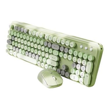 Imagem de TISHLED Conjunto de teclado e mouse sem fio 2,4 G, estilo máquina de escrever estética, membrana silenciosa, 105 teclas, tamanho completo, colorido, retrô, redondas, ergonômicas para