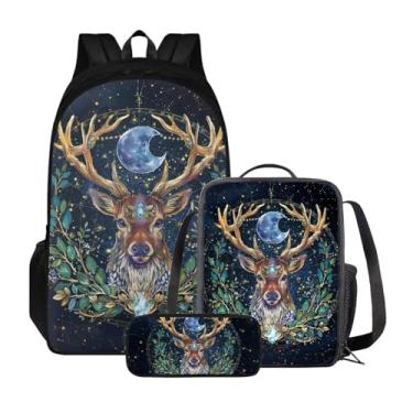 Imagem de Suobstales Conjunto de 3 peças de mochila escolar infantil com estampa de lua de cervo com lancheira, estojo de lápis, mochila para laptop de viagem, mochila casual com dois compartimentos