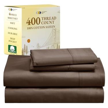 Imagem de California Design Den Jogo de lençol Queen 400 fios, lençóis de cetim 100% algodão para cama queen size - lençol marrom macio, respirável e refrescante, lençóis de cama com bolso profundo de 4 peças -