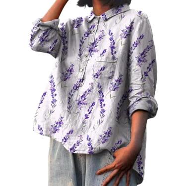 Imagem de Camiseta feminina de linho, bolinhas, gola lapela, botão, blusa plus size, casual, manga comprida, camiseta para sair, Branco, G