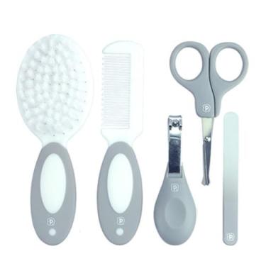 Imagem de KIT HIGIENE DO BEBÊ 5 PEÇAS PENTE TESOURINHA ESCOVA DE CABELO LIXA DE UNHA PIMPOLHO (Cinza)
