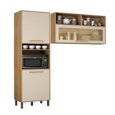 Imagem de Kit Paneleiro com Nicho 2 Portas e Armário Aéreo 120cm com Vidro Salvador Cinamomo/off White