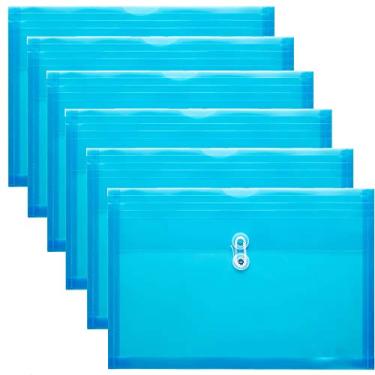 Imagem de Envelopes de tamanho legal de plástico da FANWU com fecho de corda, expansão de 3,8 cm, carga lateral, pastas transparentes de arquivos de polipropileno, documentos, organizador de quebra-cabeça para casa no escritório, Blue -6 Pack