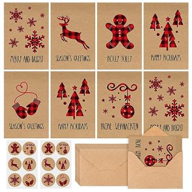 Imagem de AnyDesign Pacote com 30 cartões de felicitações de Natal 10 x 15 cm cartões de notas Kraft vermelho preto xadrez alce floco de neve impressos em branco com envelopes adesivos de selo combinando para