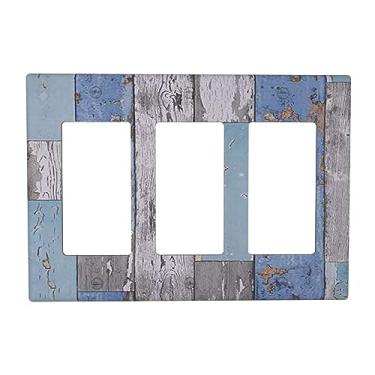 Imagem de Wpshijia Prancha de madeira azul cinza vintage celeiro rústico 3 gang balancim capas de interruptor de luz de tomada tripla placa de parede decorativa placa de interruptor placa frontal GFCI para