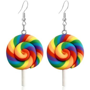 Imagem de Brincos de gota com pingente de gancho de Halloween fofo colorido colorido pirulito arco-íris leve para mulheres adolescentes meninas adoráveis doces comida açúcar charme pendurado hipoalergênico moda