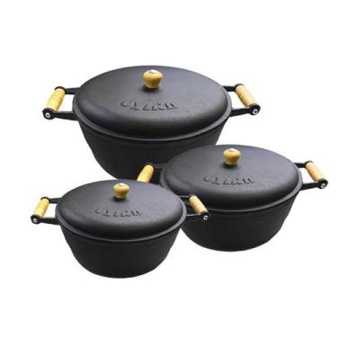Imagem de Jogo 3 Panela Caçarola Ferro Com Alça Madeira Com Tampa Nº 2 - Casa E 