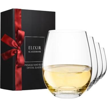 Imagem de Óculos de vinho Stemless – soprados à mão, conjunto de 4 copos de vinho branco vermelho – taças de vinho sem haste de cristal premium – degustação de vinho, casamento, aniversário, Natal, festa – 532 g, transparente