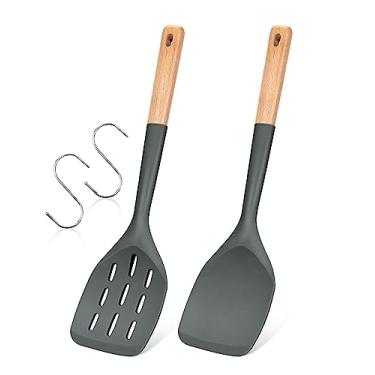 Imagem de Pacote com 2 espátulas de silicone, conjunto de utensílios de cozinha antiaderentes, alça de aço inoxidável, espátula de cozinha para assar, grelhar, servir, alimentos resistentes ao calor, ganchos que não arranham incluídos (cinza)