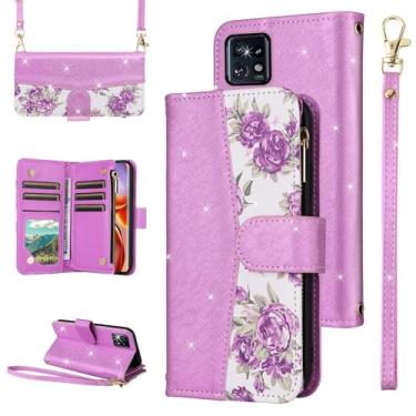 Imagem de Furiet Capa carteira floral para Motorola Edge+ Plus 2023/Edge 40 Pro 5G/Moto X40 com zíper alça de pulso, alça de ombro, suporte de cartão de couro PU com glitter de luxo para X + roxo