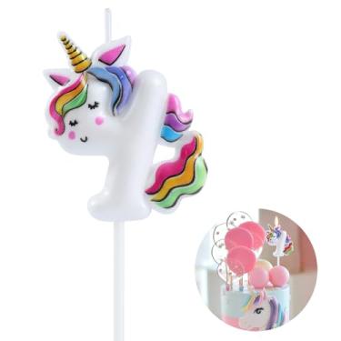 Imagem de EAKE Vela com número de aniversário de unicórnio, 4 topos de bolo de unicórnio, decoração de aniversário de 4 anos, decoração de aniversário de unicórnio, unicórnio dormindo 4 com cores vivas de