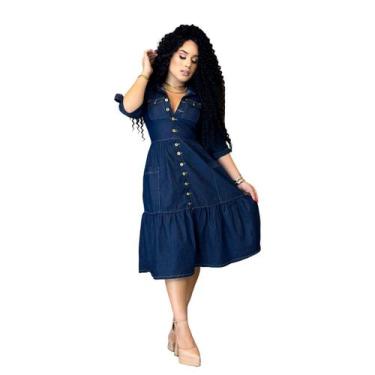 Imagem de Vestido Jeans Midi de Manguinha Moda Evangélica Rodado Soltinho   - QC