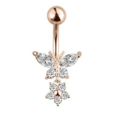 Imagem de Piercing De Umbigo Dourado Pendurado Pedra Borboleta Flor - De Castro 