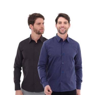 Imagem de KIT Masculino 2 Peças - Camisa Social Tipo Linho Azul Marinho e Camisa