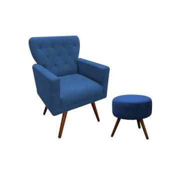 Imagem de Kit Poltrona Decorativa Aurora + 1 Puff Redondo Suede Azul Marinho Pés