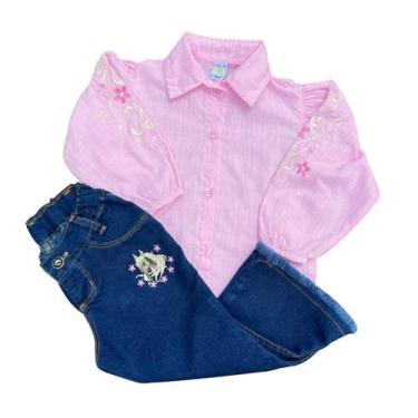 Imagem de Calça Jeans Country Camisa Bordada Menina Conjunto Infantil, 2, Rosa