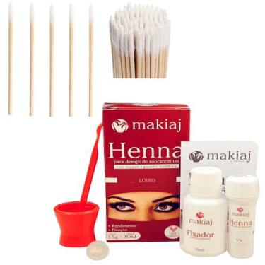 Imagem de Kit Sobrancelha Henna Com Fixador Makiaj + 100 Aplicador Com Algodão R