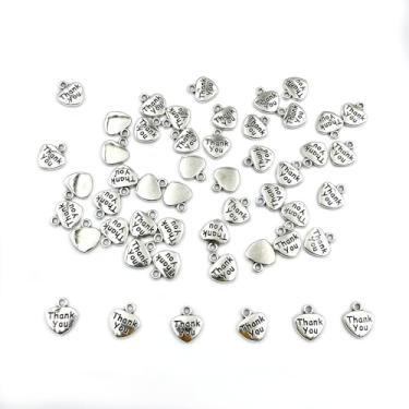 Imagem de 50 peças com palavras de agradecimento impressas em forma de coração contas de coração de prata mini contas de coração de metal para fazer joias, pulseira, colar, chaveiro, suprimentos DIY, liga