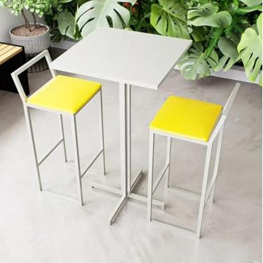 Imagem de Conjunto Mesa Alta Bar Bistrô Quadrada Branca 2 Banquetas Confort Estofado Industrial White (Amarelo)