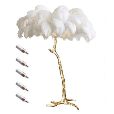 Imagem de Luminária de chão, luminária de chão de penas, lâmpada de pé padrão regulável com lâmpada de resina dourada corpo de trabalho interno iluminação de leitura lâmpadas de chão para presentes