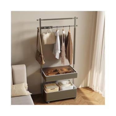 Imagem de LICONG-2019 Cabideiro móvel para quarto, mesa de cabeceira de couro de aço inoxidável para armazenamento, cabide integrado com cabide de armazenamento, suporte de chão (cáqui)