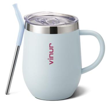 Imagem de VINUR Copo infantil com alça de aço inoxidável de 340 g com isolamento a vácuo de parede dupla com tampa e canudo, copo de água à prova de vazamento para viagens (azul bebê)
