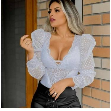 Imagem de Body de Renda com manga de Tule Tendência de Verão Moda Feminina  - Na