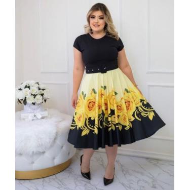 Imagem de Vestido Godê Preto com Amarelo Florido com Cinto - ROSANA FASHION, G1