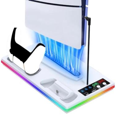 Imagem de Suporte e estação de resfriamento PS5/Slim/Pro com estação de carregamento de controle para PS5 Disco padrão/Console digital, incluindo ventilador de resfriamento de 3 níveis