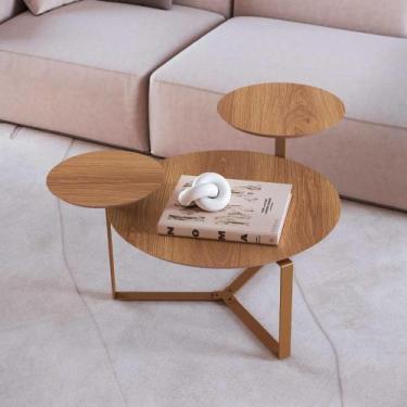 Imagem de Mesa de Centro Redonda Orgânica com 3 Tampos 83cm Pés em Aço - Artesan