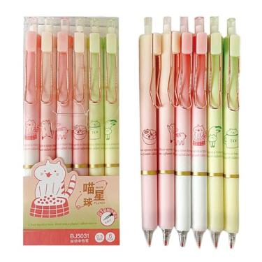 Imagem de MOZXIRZ 6 canetas retráteis, fofas, canetas de tinta gel, desenho de gato, 0,5 mm, tinta preta, caneta kawaii, para mulheres, meninas, meninos, homens, material escolar (6 peças de gato)