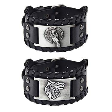Imagem de Pulseiras de couro Viking Turtledove, 2 peças - Wolf Fenrir e Odin's Raven - Pulseiras medievais para história Large Preto