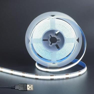 Imagem de Clearhill Fita de luzes LED COB USB 5V 8 mm de largura, branco frio 6500K, 320LEDs/M, 8W/M, CRI90, 9,84FT/3M, faixa de luz de painel de dupla face galvanizada, IP20 impermeável, fita flexível para