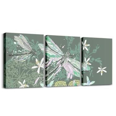 Imagem de Feelyou Pôster em tela de libélula arte de parede infantil meninos meninas pintura de parede botânica para banheiro 30,5 x 40,6 cm 3 peças decoração verde vintage