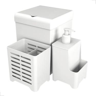 Imagem de Kit Cozinha Pia 3 Peças Lixeira Escorredor De Talheres Dispenser De Detergente Luxo Compacto (Branco)