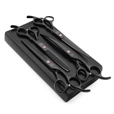 Imagem de Moontay Professional Conjunto de tesouras de cuidados para cães de 18 cm, 4 peças retas, curvas para cima, curvas para baixo, tesouras de espessura/mistura para cães, gatos e animais de estimação, aço inoxidável JPMoontay 7.0 inches preto MA13SetPGS70black