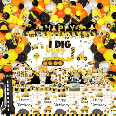Imagem de 189pcs Construction 1st Birthday Party Supplies Dump Truck One Years Old Paper Plates Napkins Forks Cups Tablecloth Banner Balloon Garland for Construction Baby Shower 1st Bday Party Decorations