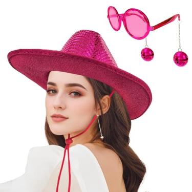 Imagem de JIANGLAI Chapéu de cowboy western bola de discoteca com óculos de sol discoteca, chapéu de vaqueira espelhado prata brilhante para mulheres e homens, fantasia cosplay festa (rosa choque)