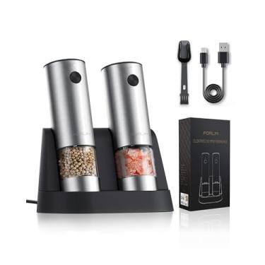 Imagem de FORLIM Conjunto de moedor elétrico de sal e pimenta, recarregável por USB, conjunto de moedor automático de sal e pimenta com base atualizada, moedor recarregável com uma mão com luz, grossura