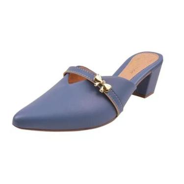 Imagem de Mule Scarpin Azul Aço Salto Alto Grosso Lacinho Sapato Bico Fino Casua