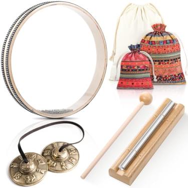 Imagem de Maasechs 3 conjuntos de instrumentos de meditação incluem pratos tibetanos Tingsha sino de sino de mão de um tom com baqueta e tambor marítimo com cordão para meditação, ioga, mindfulness