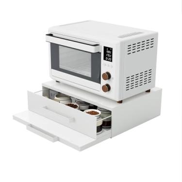 Imagem de VibeNest Organizador de bancada com suporte de micro-ondas – aço inoxidável com gavetas e prateleiras removíveis, suporte multifuncional para vários aparelhos de cozinha (branco + gaveta + prateleira)