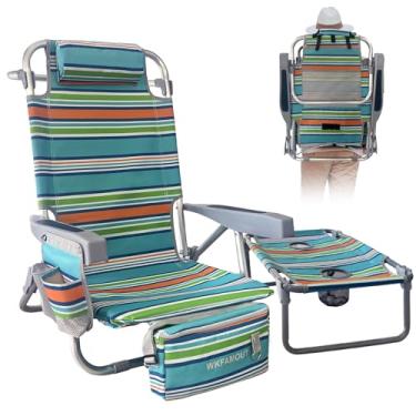 Imagem de Cadeira de praia WKFAMOUT em mochila, de alumínio, com mesa de acampamento dobrável, cadeira de descanso plana, 5 posições, para adultos, com bolsa térmica e porta-copos