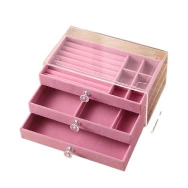 Imagem de Porta Joia Acrílico Luxo Com 3 Camadas Brinco Anel Compartimento caixa de armazenamento de jóias (ROSA(Três camadas))
