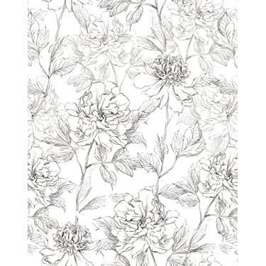 Imagem de Papel de parede floral preto e branco peônias removível papel de parede floral esboçado floral autoadesivo papel de parede pré-colado decoração de parede (floral esboçado (44 x 299 cm))