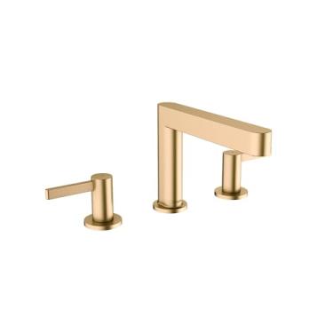 Imagem de hansgrohe Finoris Torneira moderna para pia de banheiro com 2 manípulos, 3 furos, 12,7 cm de altura em bronze escovado, 76033141